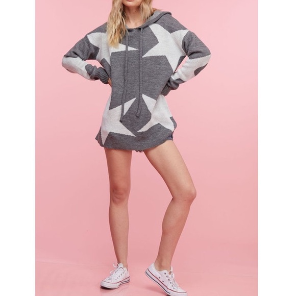 Gray White Star Hoodie Sweater Knit Tunic Top - Picture 3 of 8